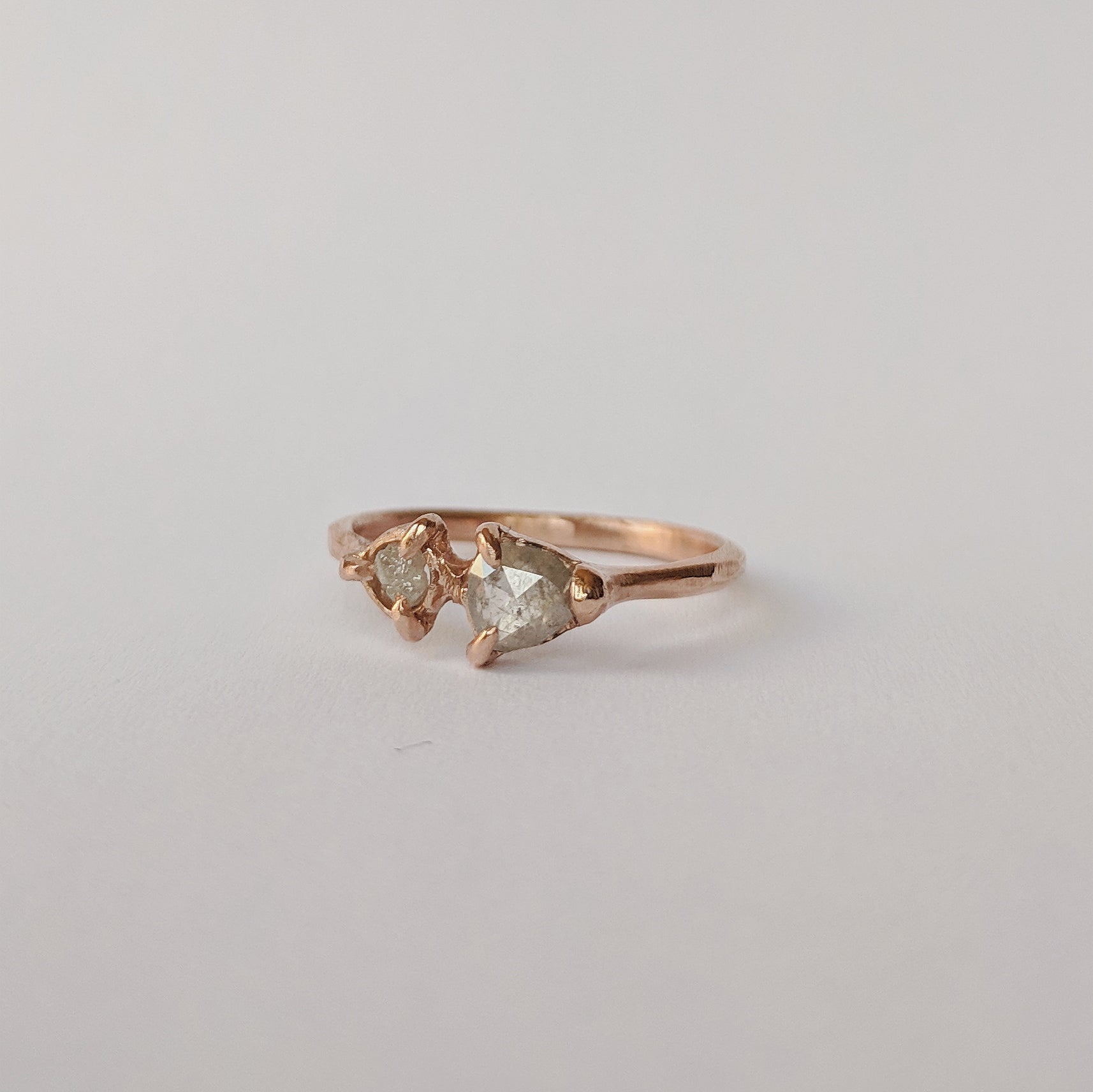 Rough and refined diamond ring, rose gold